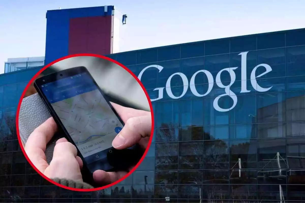 Montaje con el exterior de las oficinas de Google de fondo y un círculo con un móvil y la aplicación Google Maps