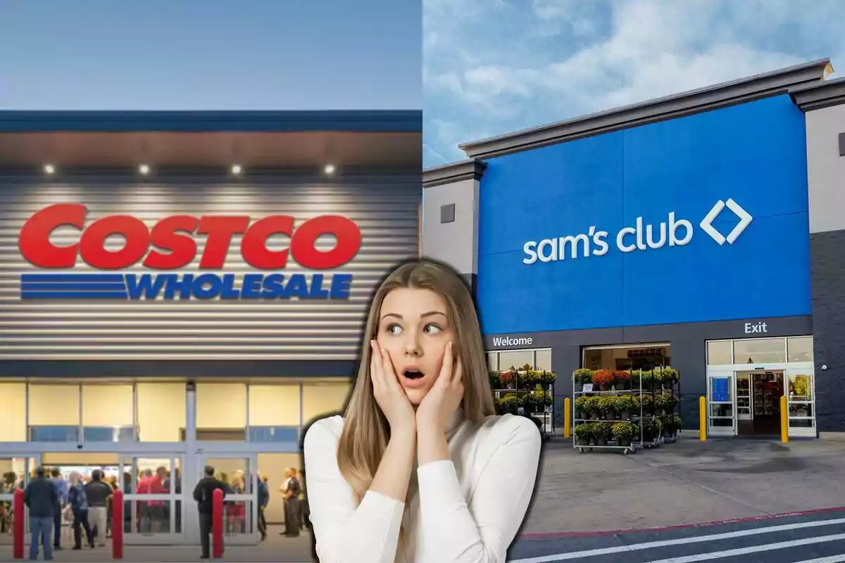 Una mujer con expresión de sorpresa está frente a las fachadas de Costco y Sam's Club.