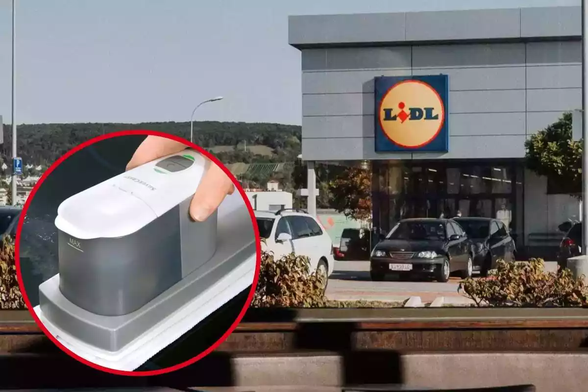 Montaje con el exterior de una tienda de Lidl y un círculo con el aparato limpiacristales con batería