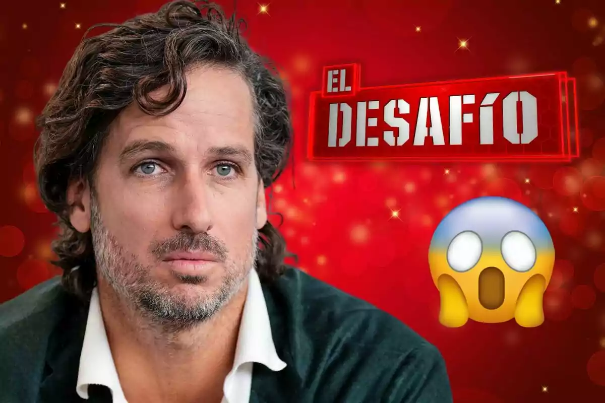 Feliciano López with curly hair and a beard in front of a red background with the text "El Desafío" and a surprised emoji.