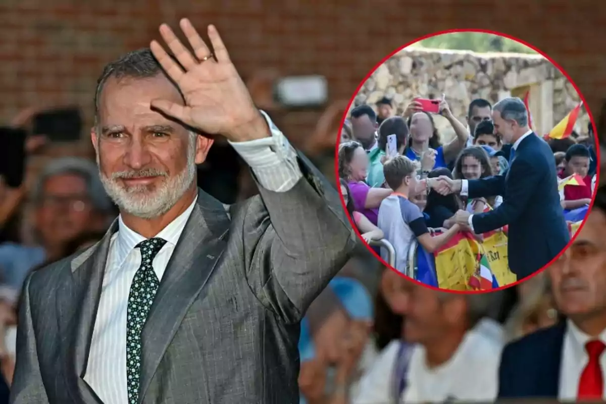 Montaje de Felipe VI sonriendo mientras saluda con un traje gris y corbata verde y una imagen de él saludando a unos niños en traje negro