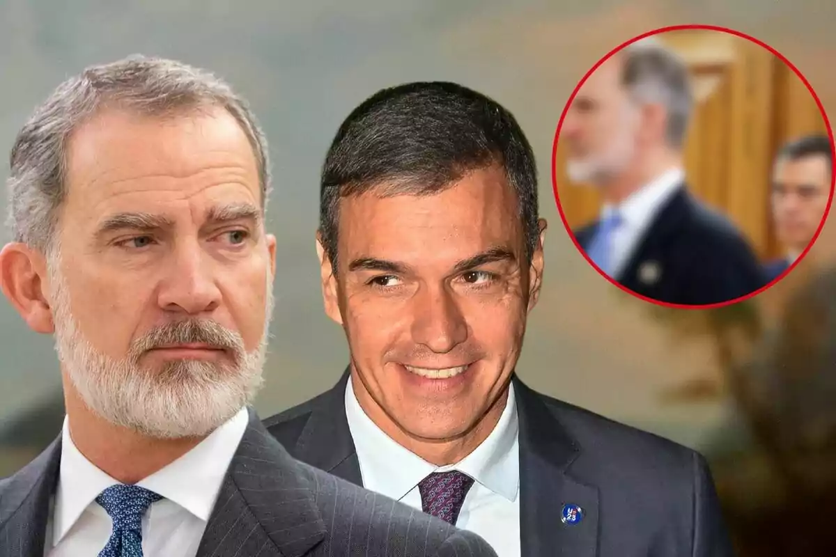 Felipe VI y Pedro Sánchez con traje, Pedro sonriendo, con un círculo rojo en la esquina superior derecha mostrando una imagen borrosa de los mismos.