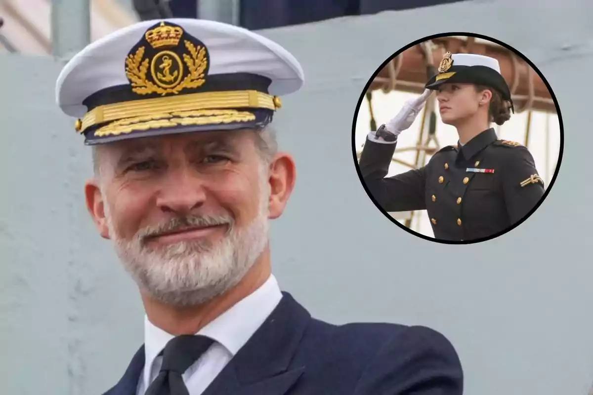 Felipe VI con uniforme naval sonríe mientras Leonor en uniforme militar saluda en un recuadro.