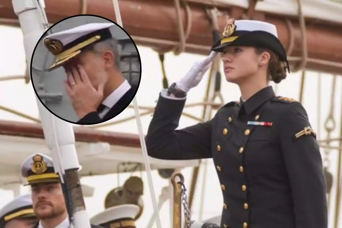 Leonor realiza un saludo militar mientras Felipe VI en un recuadro parece emocionado.