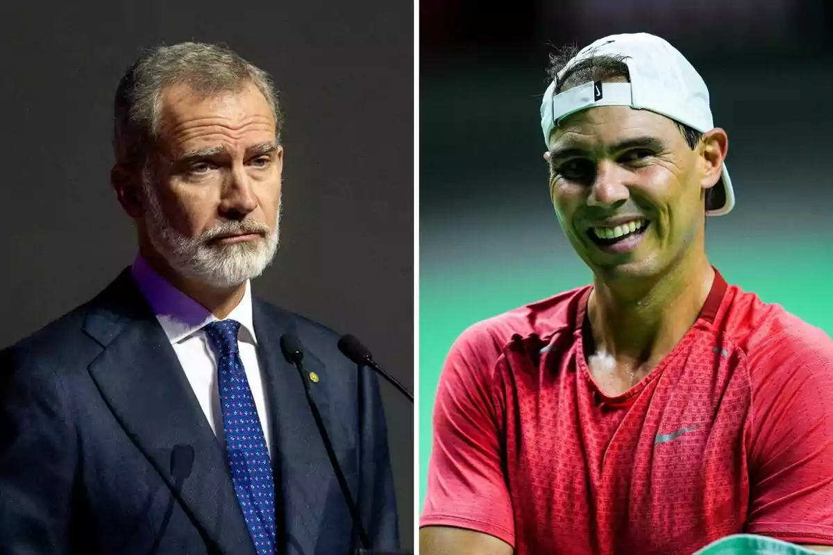 Felipe VI and Rafa Nadal appear in the picture; one is wearing a formal suit and standing in front of a microphone, while the other is dressed in sportswear and a white cap worn backwards, smiling. Felipe VI and Rafa Nadal appear in the picture; one is wearing a formal suit and standing in front of a microphone, while the other is dressed in sportswear and a white cap worn backwards, smiling.