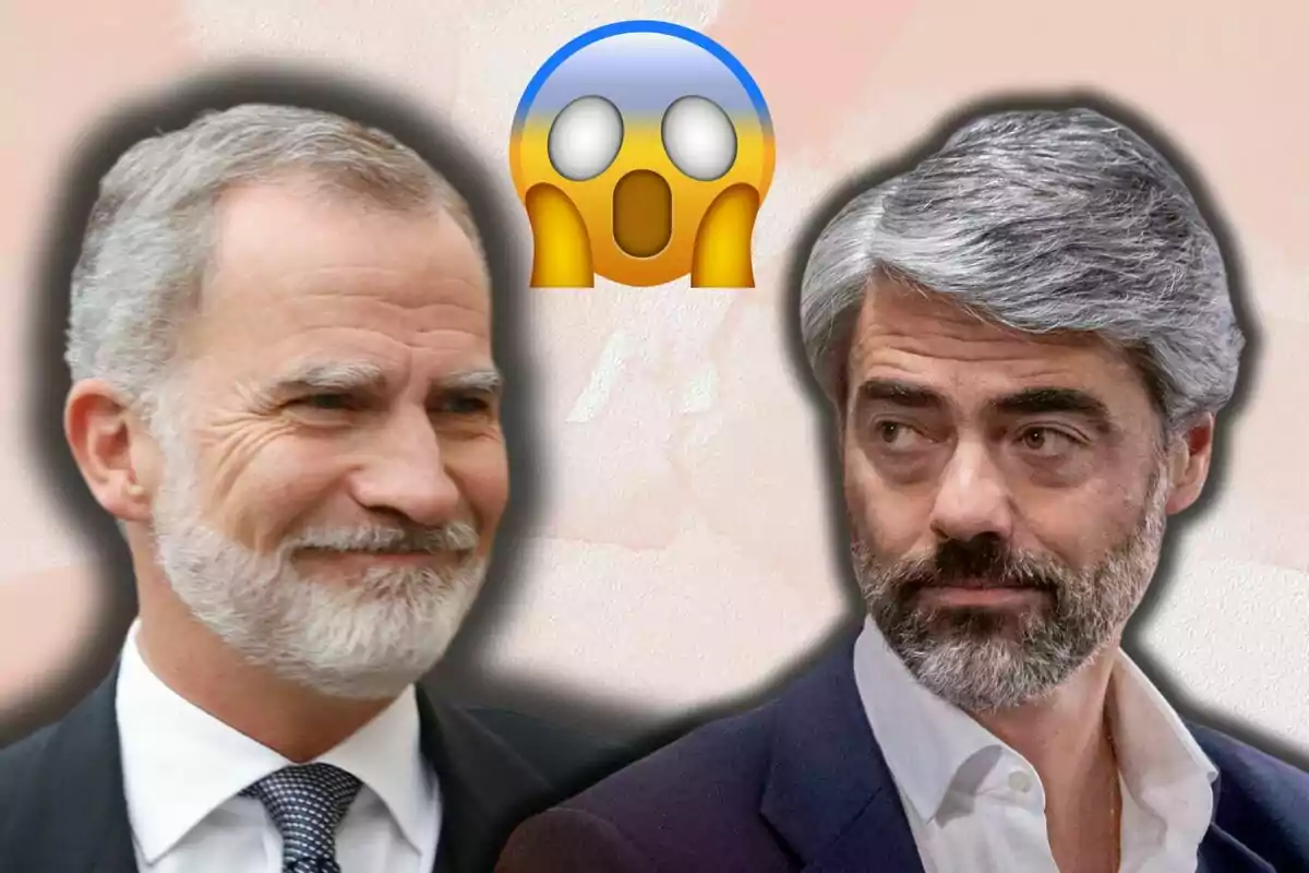 Felipe VI and Luis Enriquez Nistal looking at each other with an expression of surprise in the background, with a surprised face emoji between them.