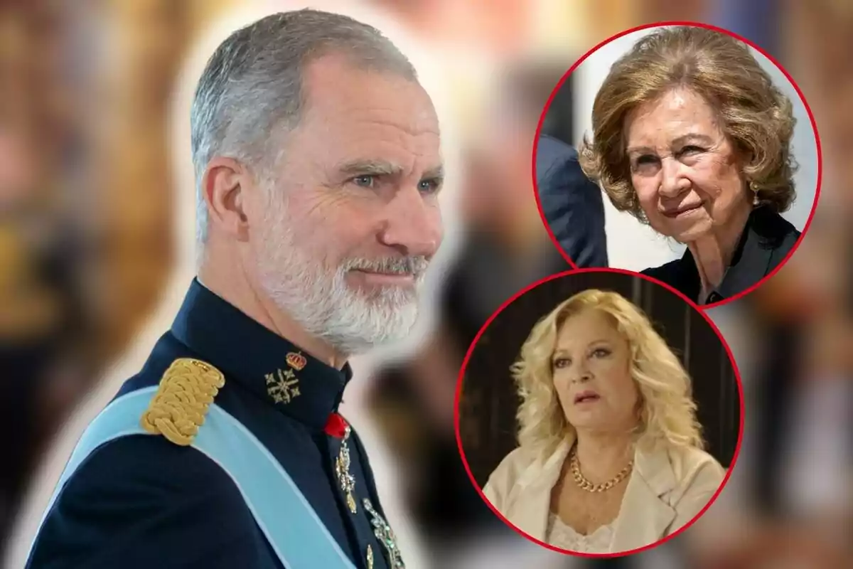 Felipe VI con uniforme militar y la reina Sofía y Bárbara Rey en círculos rojos sobre un fondo desenfocado.