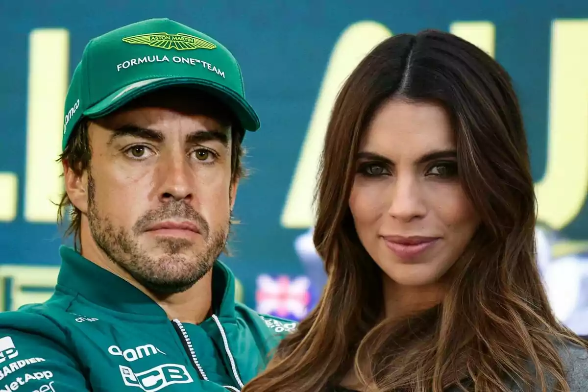 Fernando Alonso con uniforme verde y gorra de Aston Martin junto a Melissa Jiménez con cabello suelto.