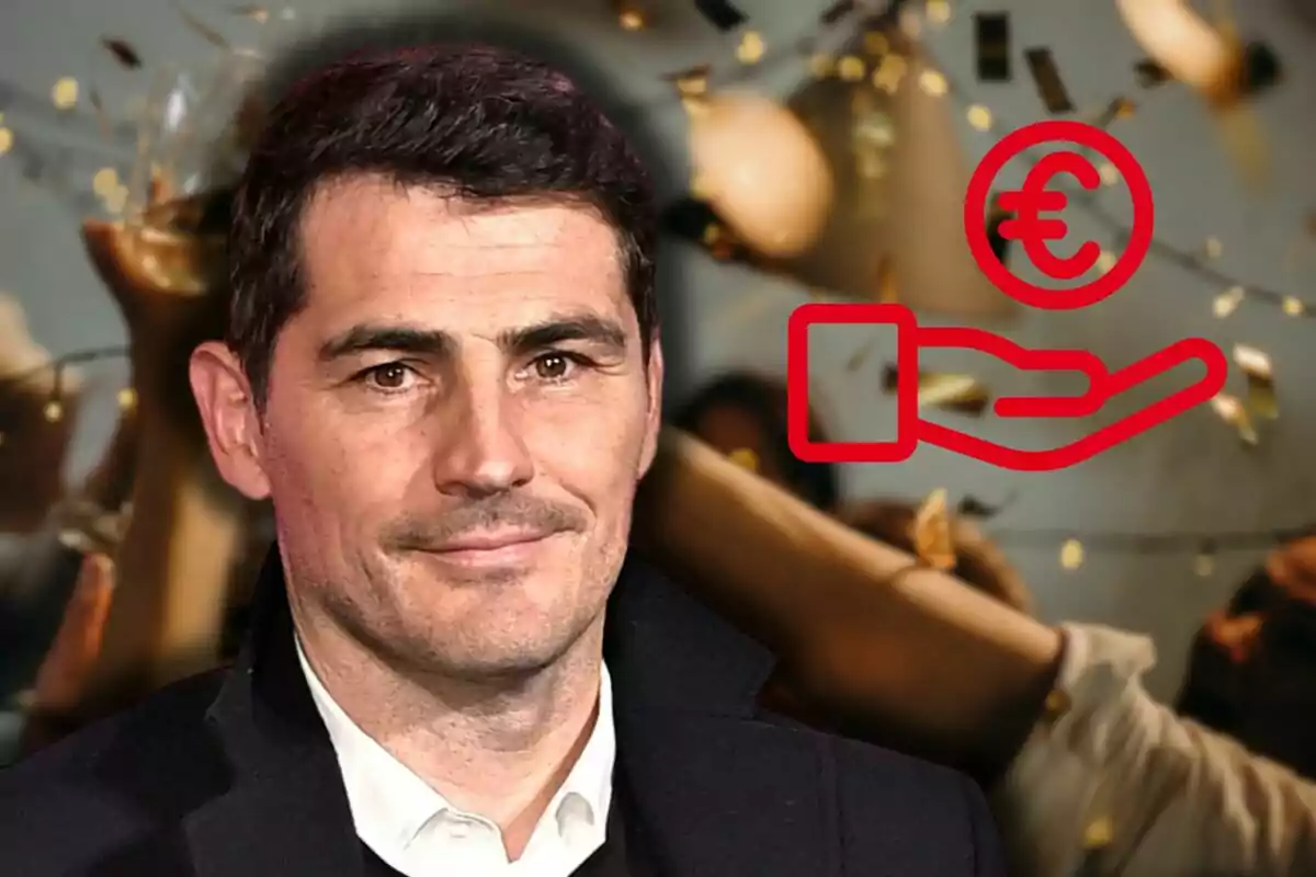 Iker Casillas con chaqueta negra aparece en primer plano, mientras que en el fondo hay una celebración con confeti y copas, además de un icono rojo de una mano sosteniendo un símbolo de euro.