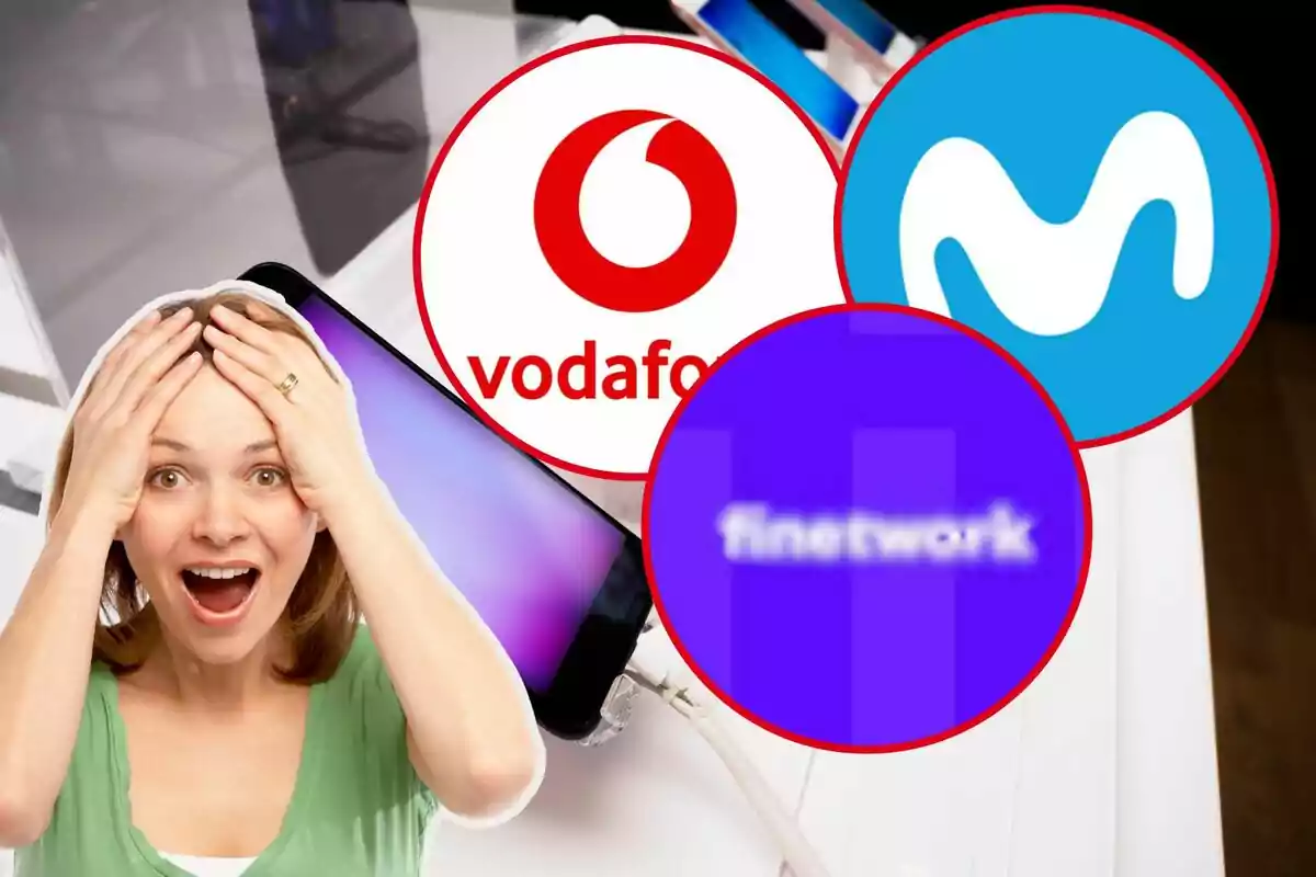 Una mujer con expresión de sorpresa se sostiene la cabeza con las manos, mientras en el fondo se ven los logotipos de Vodafone, Movistar y Finetwork.