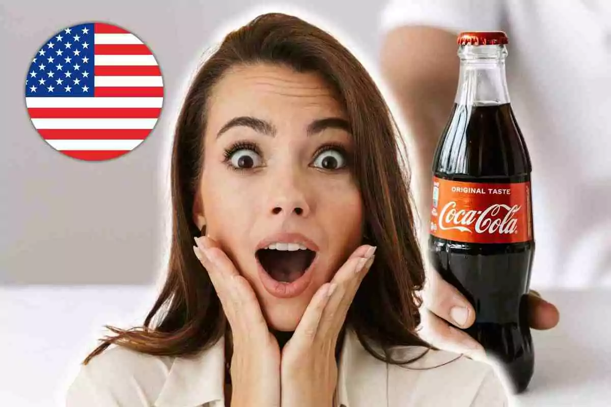 A woman with a surprised expression next to a bottle of Coca-Cola and a United States flag in the background.