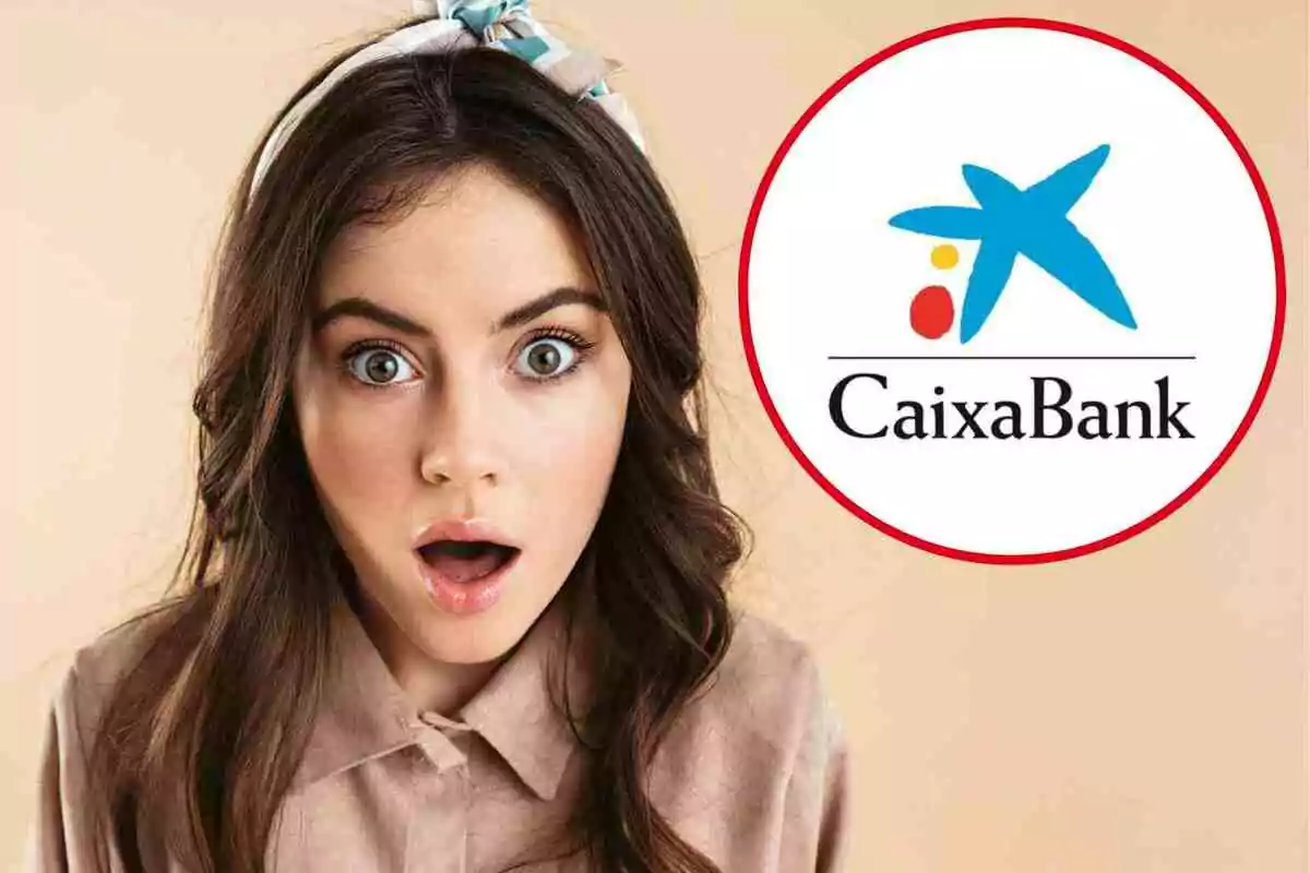 Mujer joven con expresión de sorpresa junto al logotipo de CaixaBank en un círculo rojo sobre fondo beige
