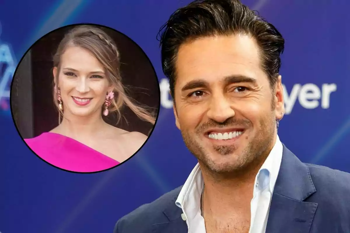 David Bustamante sonriente con barba y cabello oscuro viste un traje azul y camisa blanca, mientras que en un círculo a la izquierda se muestra a Yana Olina con vestido rosa y aretes llamativos.