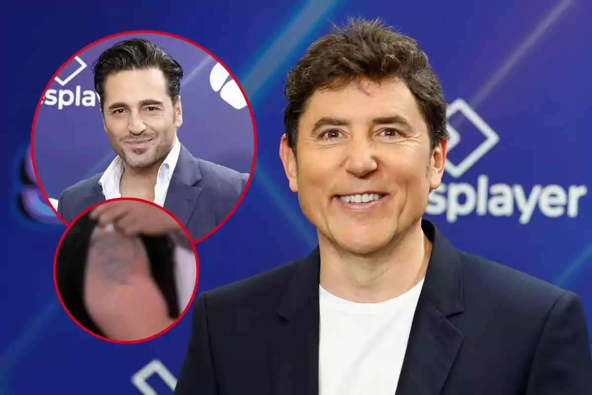 David Bustamante y Manel fuentes posan frente a un fondo azul con el logo de un canal de televisión, uno de ellos aparece en un círculo rojo y el otro en primer plano, además hay un segundo círculo rojo que muestra un tatuaje en un brazo.