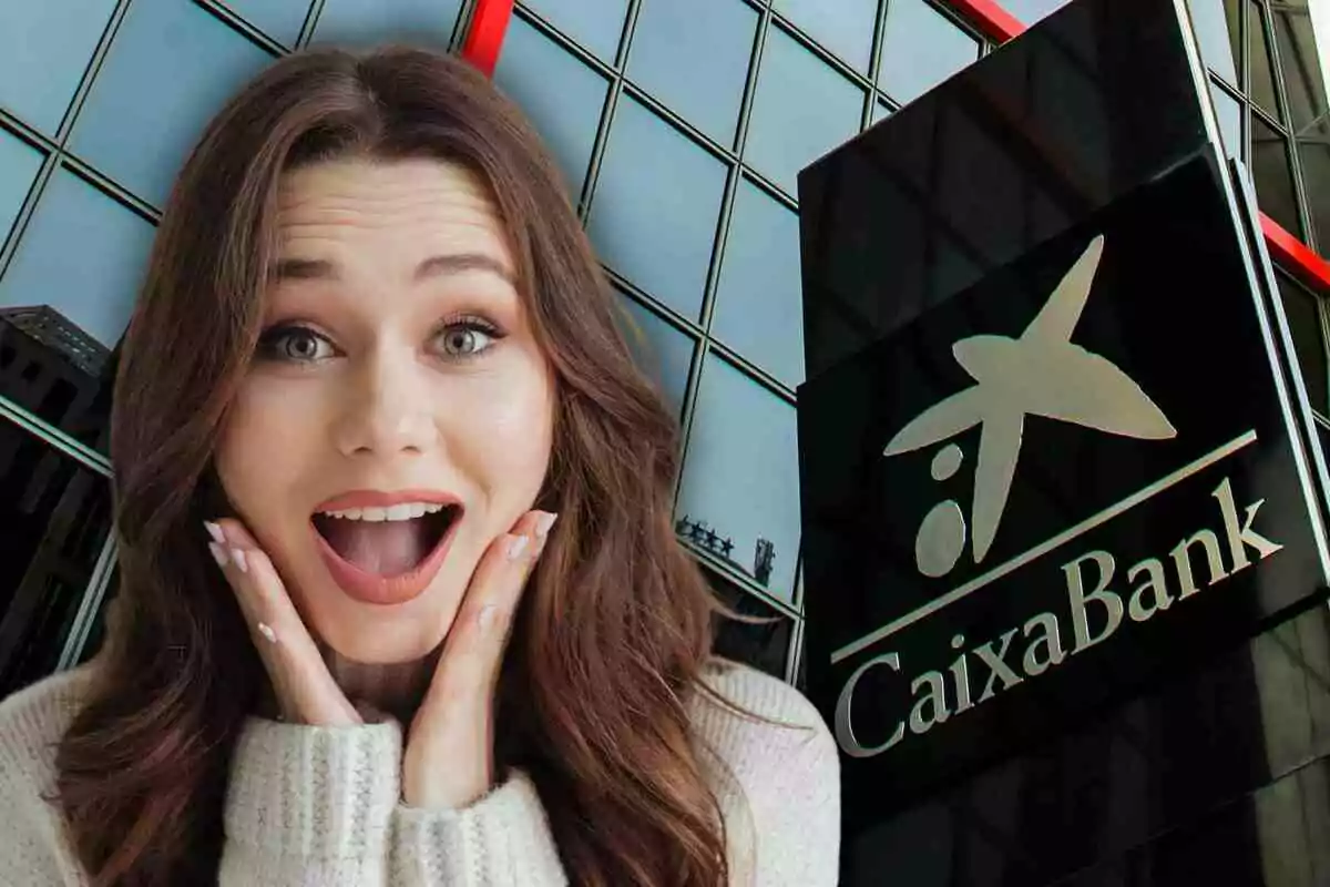 Una mujer con expresión de sorpresa frente a un edificio con el logo de CaixaBank.