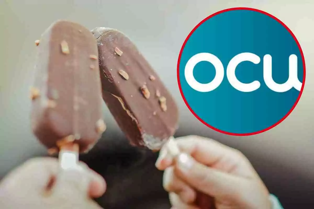 Dos manos sostienen helados de chocolate con almendras, junto a un logotipo circular azul con letras blancas. Dos manos sostienen helados de chocolate con almendras, junto a un logotipo circular azul con letras blancas.