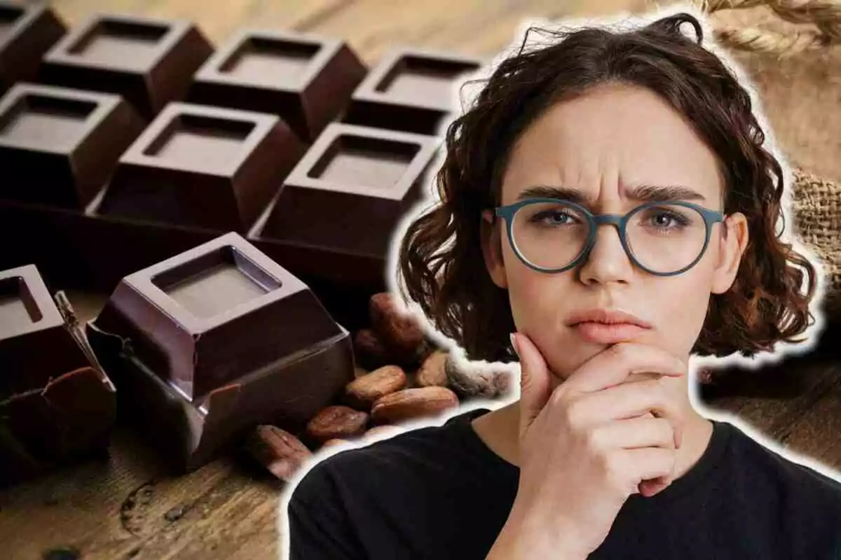 Mujer con expresión pensativa y gafas frente a una fila de chocolates oscuros sobre una mesa de madera.