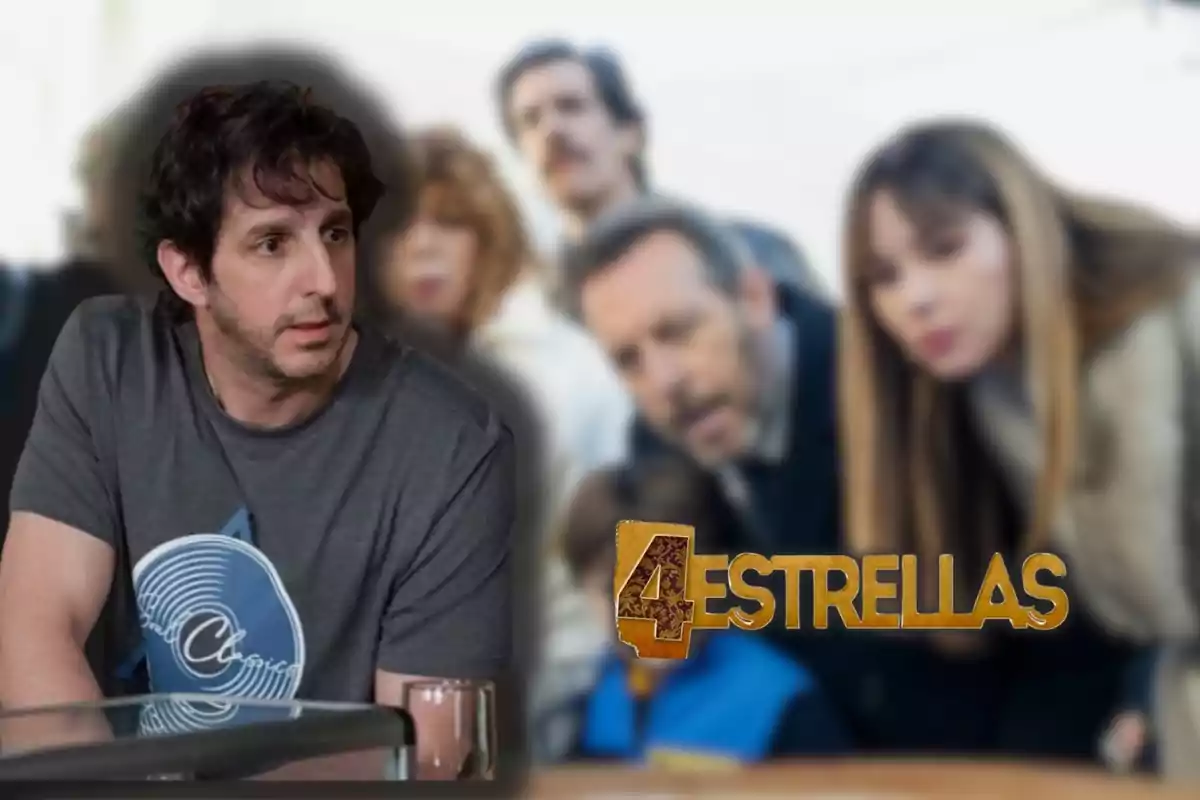 Montaje sobre la serie '4 estrellas' con Guillermo Ortega, interpretando a Paco, el logo de la ficción y de fondo una imagen desenfocada de varios personajes