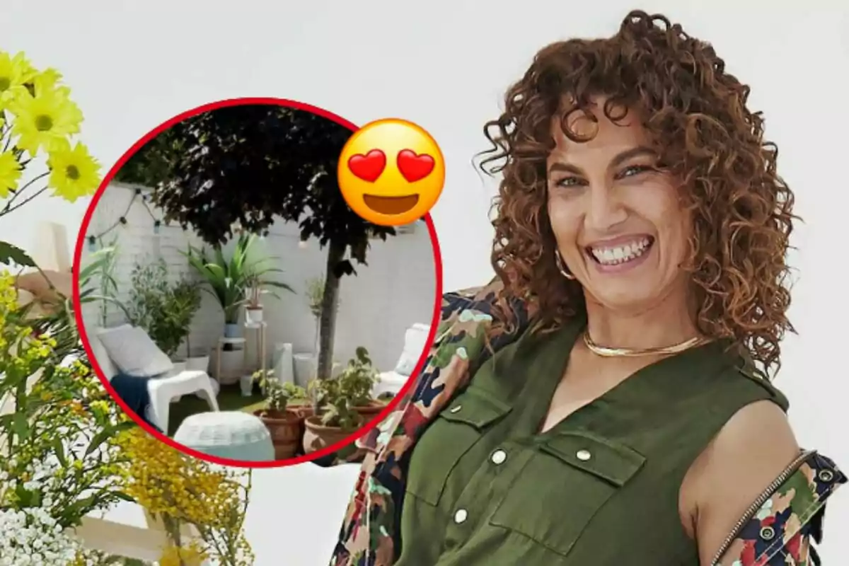 Montaje de fotos de la actriz Toni Acosta sonriendo mirando a cámara junto a una imagen circular de un rincón de la terra de su casa