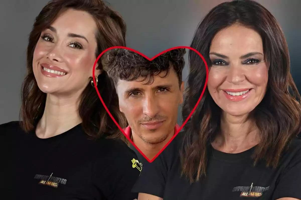 Montaje de fotos de Adara Molinero junto a Olga Moreno con el uniforme de 'Supervivientes All Stars' y una imagen en forma de corazón de Agustín Etienne entre ellas