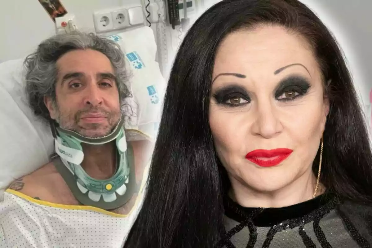 Montaje de fotos de Mario Vaquerizo en una cama de hospital y Alaska en primer plano con maquillaje oscuro y labios rojos.