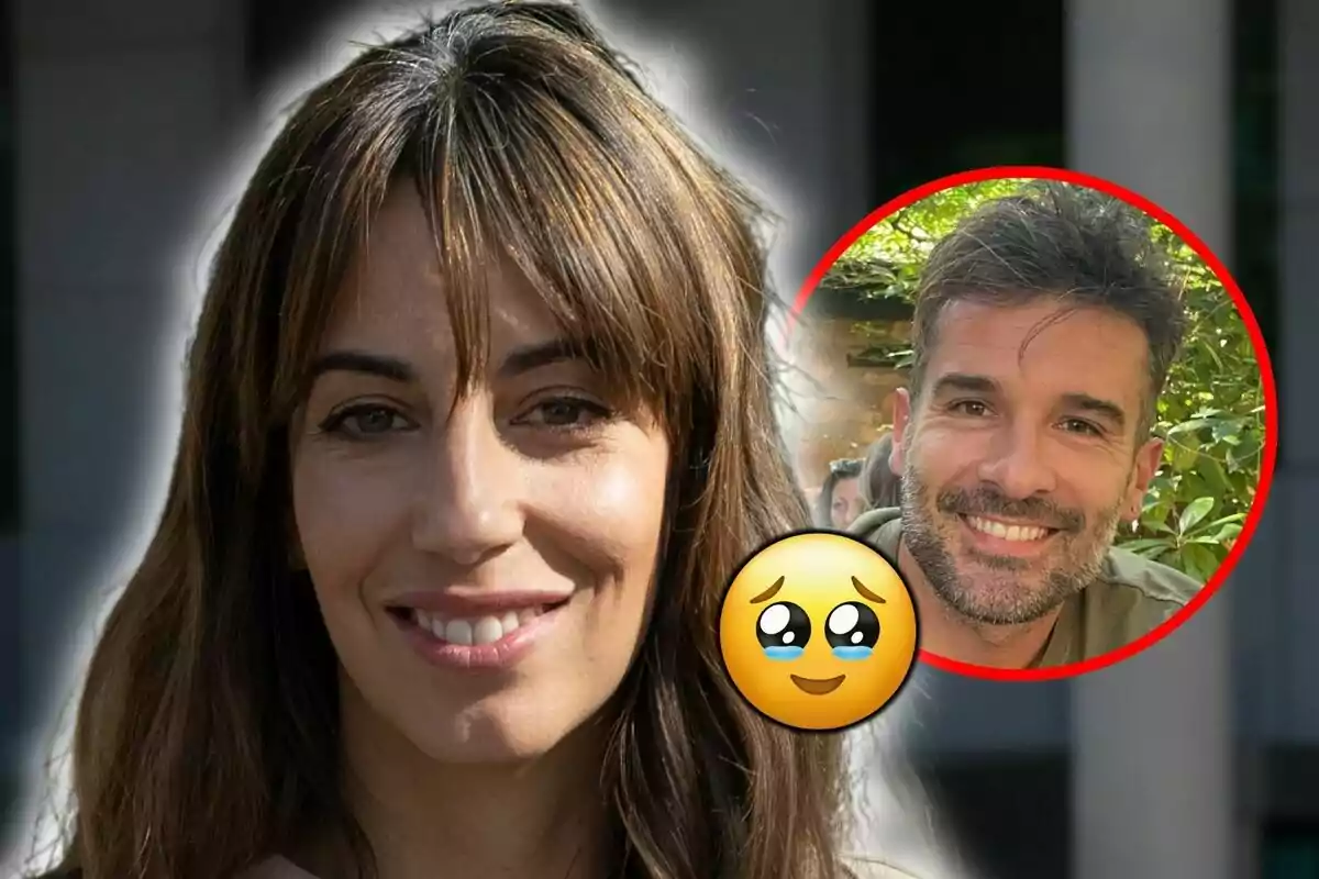 Almudena Cid sonriente en primer plano con la imagen de Gerardo Berodia sonriente en un círculo rojo y un emoji de carita llorando de felicidad superpuesto.