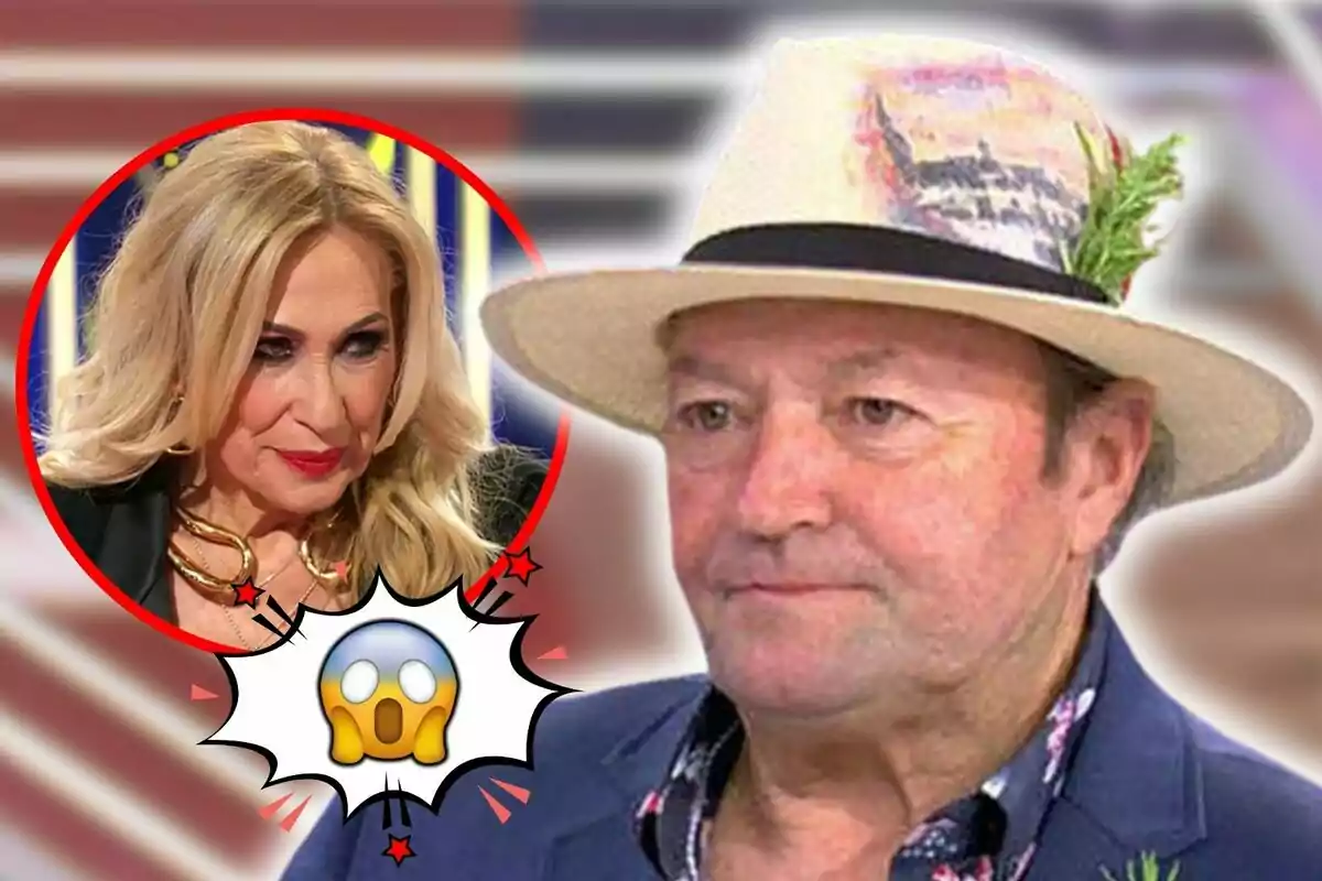 Rosa Benito con expresión seria aparece en un círculo rojo junto a Amador Mohedano con sombrero y con un emoji de sorpresa en primer plano.