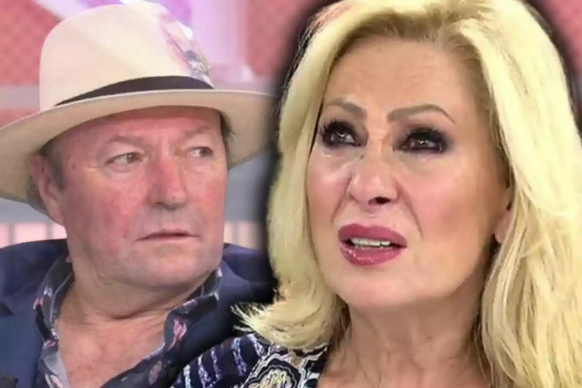 Dos personas en un programa de televisión, Rosa Benito con expresión seria llorando y su exmarido, Amador Mohedano, al lado con un sombrero mirando hacia ella.