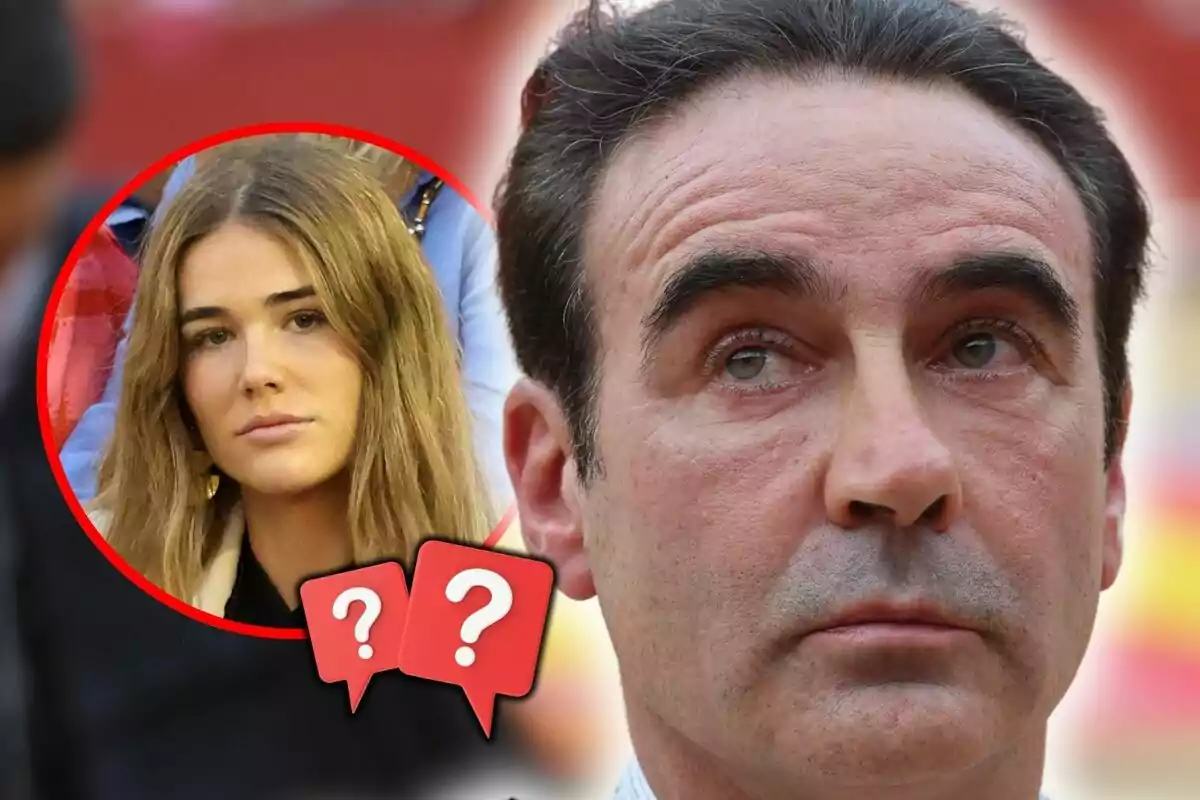 Enrique Ponce with a serious expression in the foreground and Ana Soria in a red circle with question marks.