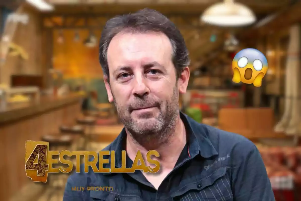 Montaje de fotos del actor Antonio Molero en primer plano mirando a cámara junto al logo de la serie '4 estrellas' y un emoticono de sorpresa.