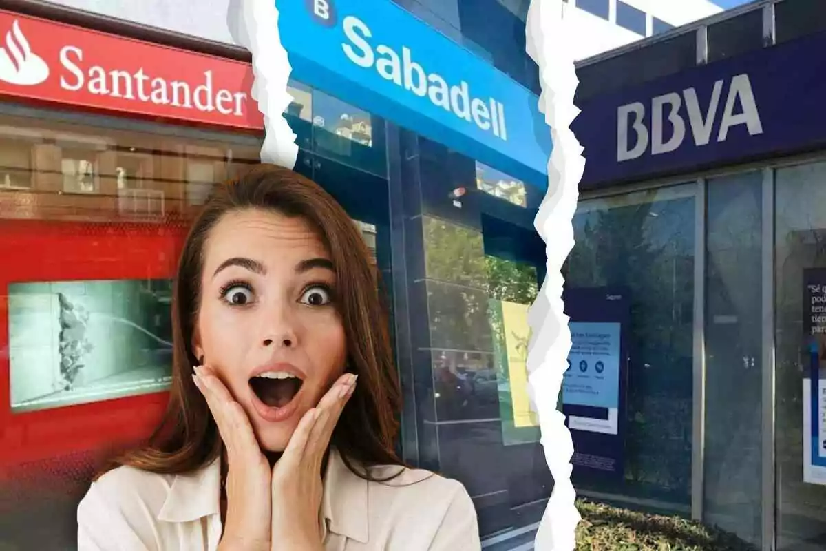 Una mujer con expresión de sorpresa aparece frente a los logotipos de tres bancos diferentes: Santander, Sabadell y BBVA, con un efecto de papel rasgado entre ellos.