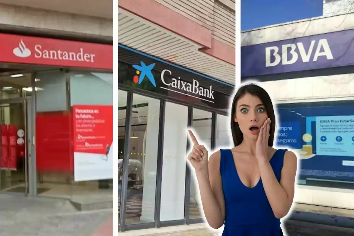 A woman surprised in front of the facades of the Santander, CaixaBank and BBVA banks.