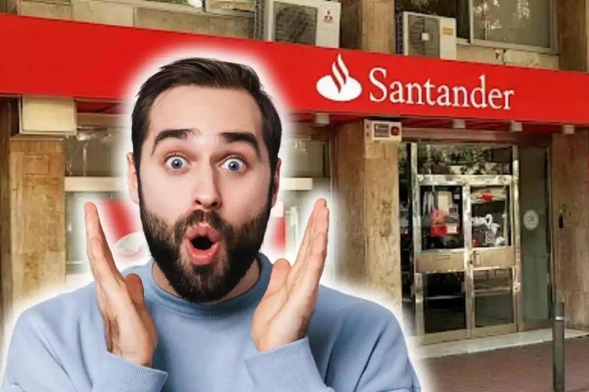 Hombre sorprendido frente a una sucursal del Banco Santander con letrero rojo detrás.