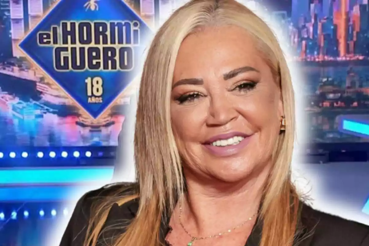 Montaje de fotos de Belén Esteban sonriente frente a un fondo que muestra el logotipo de un programa de televisión llamado "El Hormiguero".