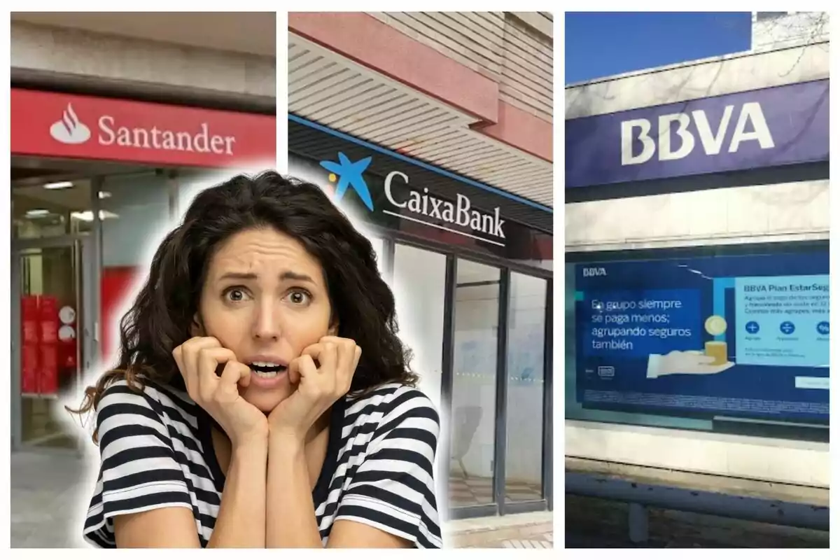 Una mujer con expresión de preocupación frente a los logotipos de los bancos Santander, CaixaBank y BBVA.