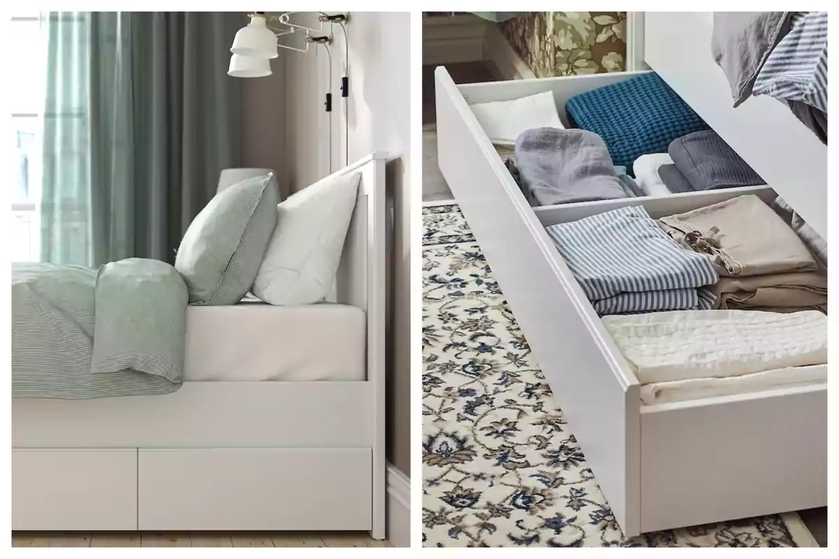 Cama con cajones de almacenamiento debajo y ropa de cama organizada en su interior de Ikea.