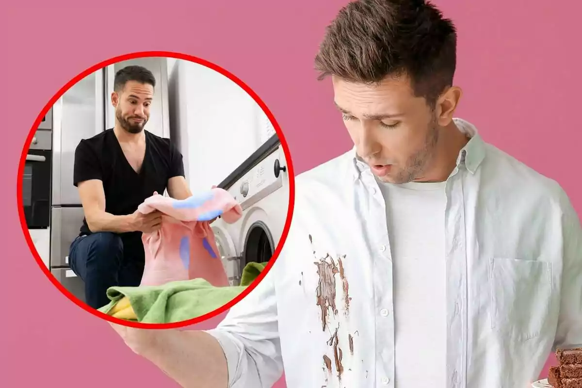 Hombre sorprendido mirando una mancha de chocolate en su camisa blanca mientras sostiene un pastel, con un recuadro que muestra a otro hombre confundido sacando ropa desteñida de una lavadora.