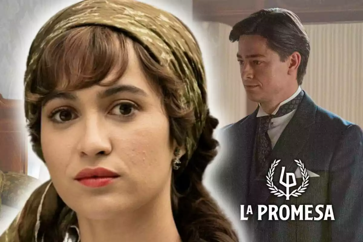 Dos personajes de una serie de época, la actriz Carmen Asecas con un pañuelo en la cabeza y un compañero de elenco con traje, junto al logo de "La Promesa".