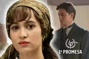 Dos personajes de una serie de época, la actriz Carmen Asecas con un pañuelo en la cabeza y un compañero de elenco con traje, junto al logo de 