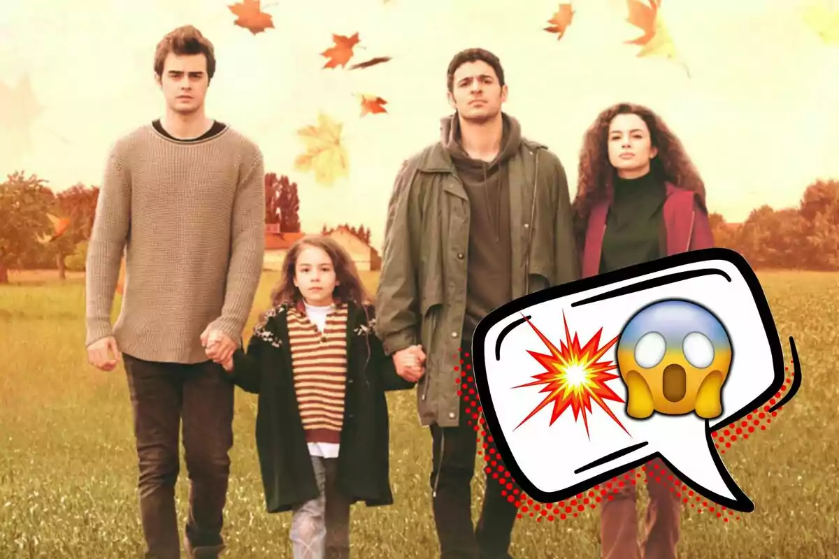 Un grupo de personas de pie en un campo con hojas de otoño cayendo que pertenece al cartel promocional de 'Hermanos', la serie de Antena 3, y un emoji de sorpresa superpuesto.