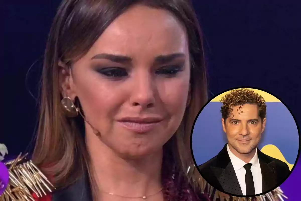 Montaje con Chenoa, entre lágrimas, y en un círculo, vestido con traje de chaqueta negro, David Bisbal