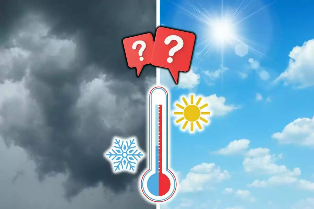 Illustration of a thermometer in the center dividing a dark, cloudy sky on the left and a clear, sunny sky on the right, with snowflake and sun icons.