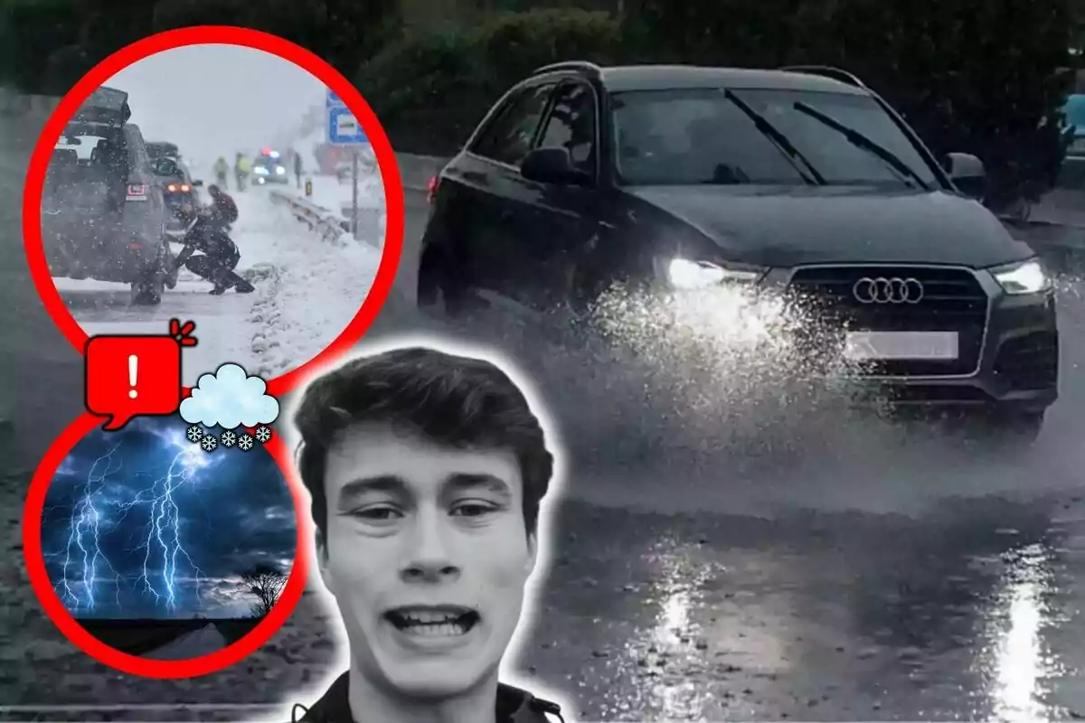 Un coche circula por una carretera mojada mientras Jorge Rey muestra una expresión de preocupación; en dos círculos rojos se ven imágenes de una tormenta eléctrica y una carretera nevada con un coche detenido.