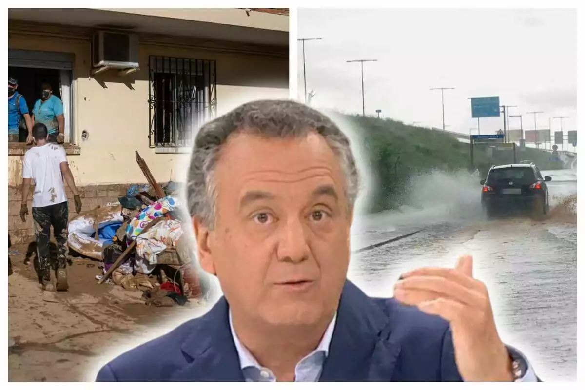 Roberto Brasero hablando en un estudio de televisión con imágenes de fondo que muestran una casa afectada por inundaciones y un coche conduciendo por una carretera anegada.