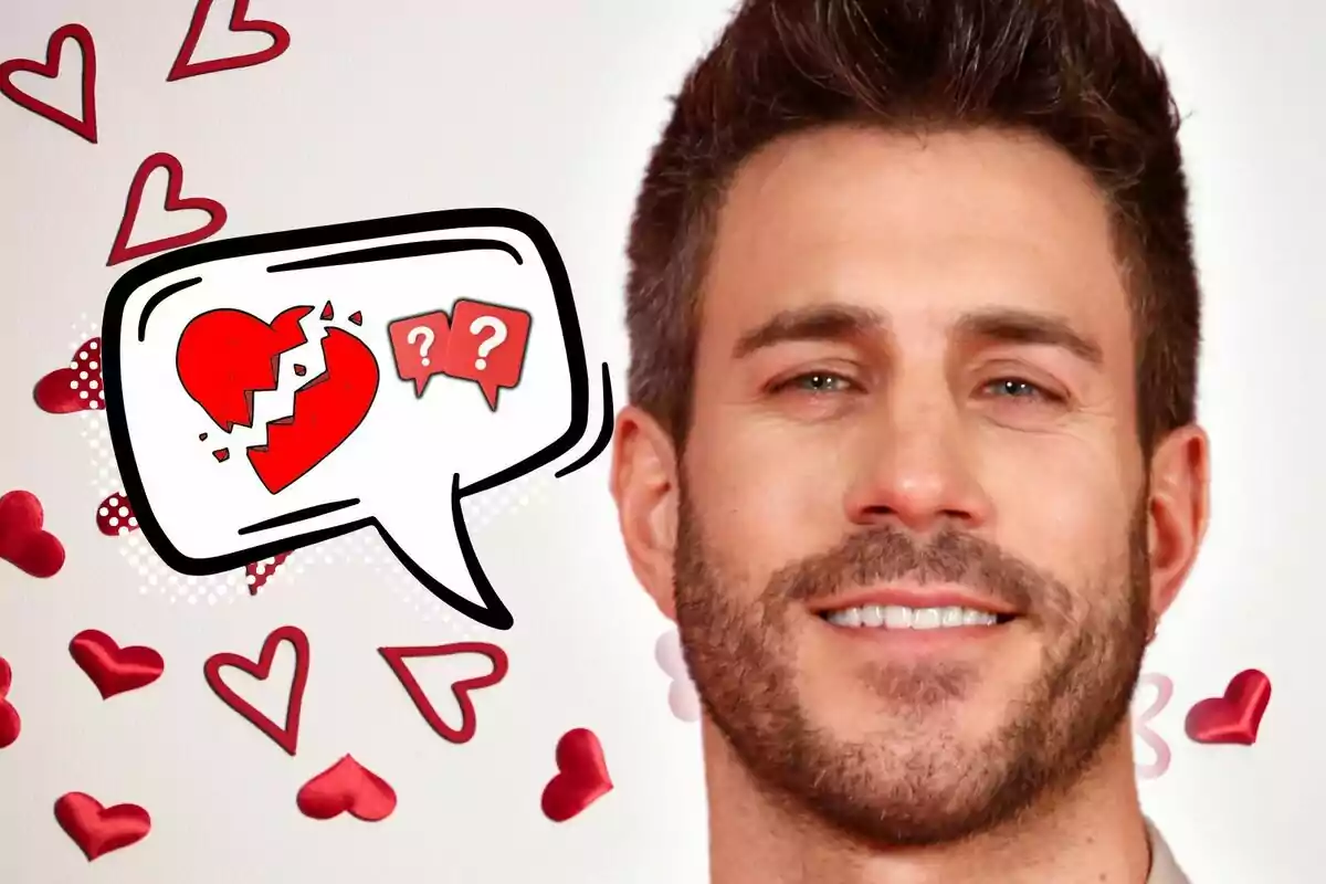 Primer plano de Dani Tatay sonriente con barba y cabello oscuro aparece junto a un gráfico de un corazón roto dentro de un globo de diálogo rodeado de corazones rojos.