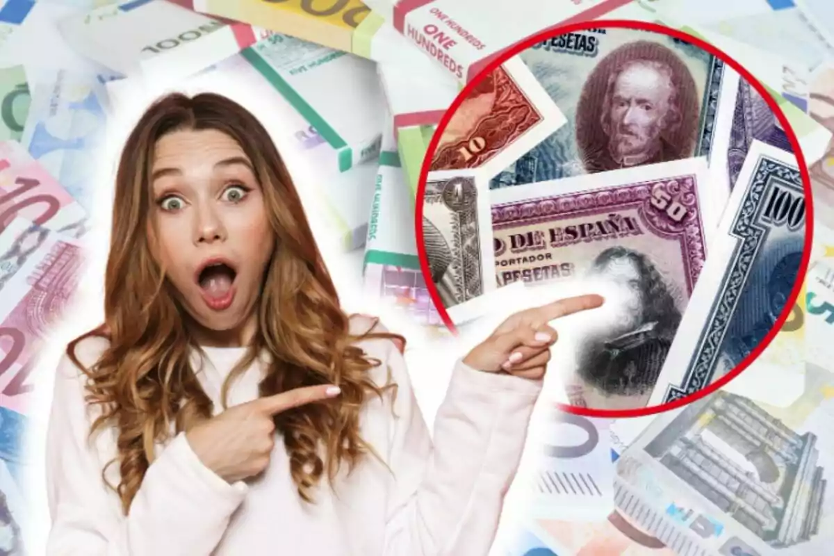 Una mujer con expresión de sorpresa señala hacia una colección de billetes de diferentes denominaciones y países. Una mujer con expresión de sorpresa señala hacia una colección de billetes de diferentes denominaciones y países.