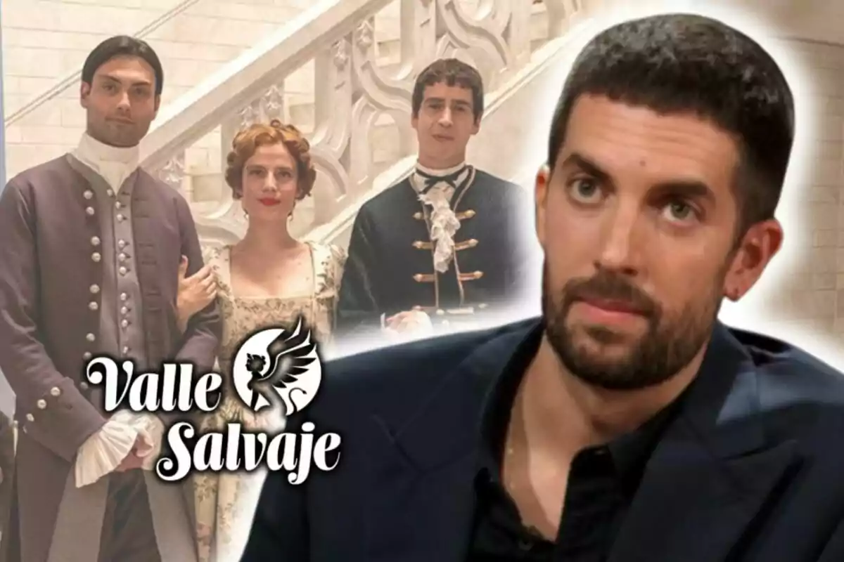 Imagen promocional de la serie "Valle Salvaje" que muestra a tres personajes vestidos con trajes de época y a David Broncano con rostro serio en primer plano.