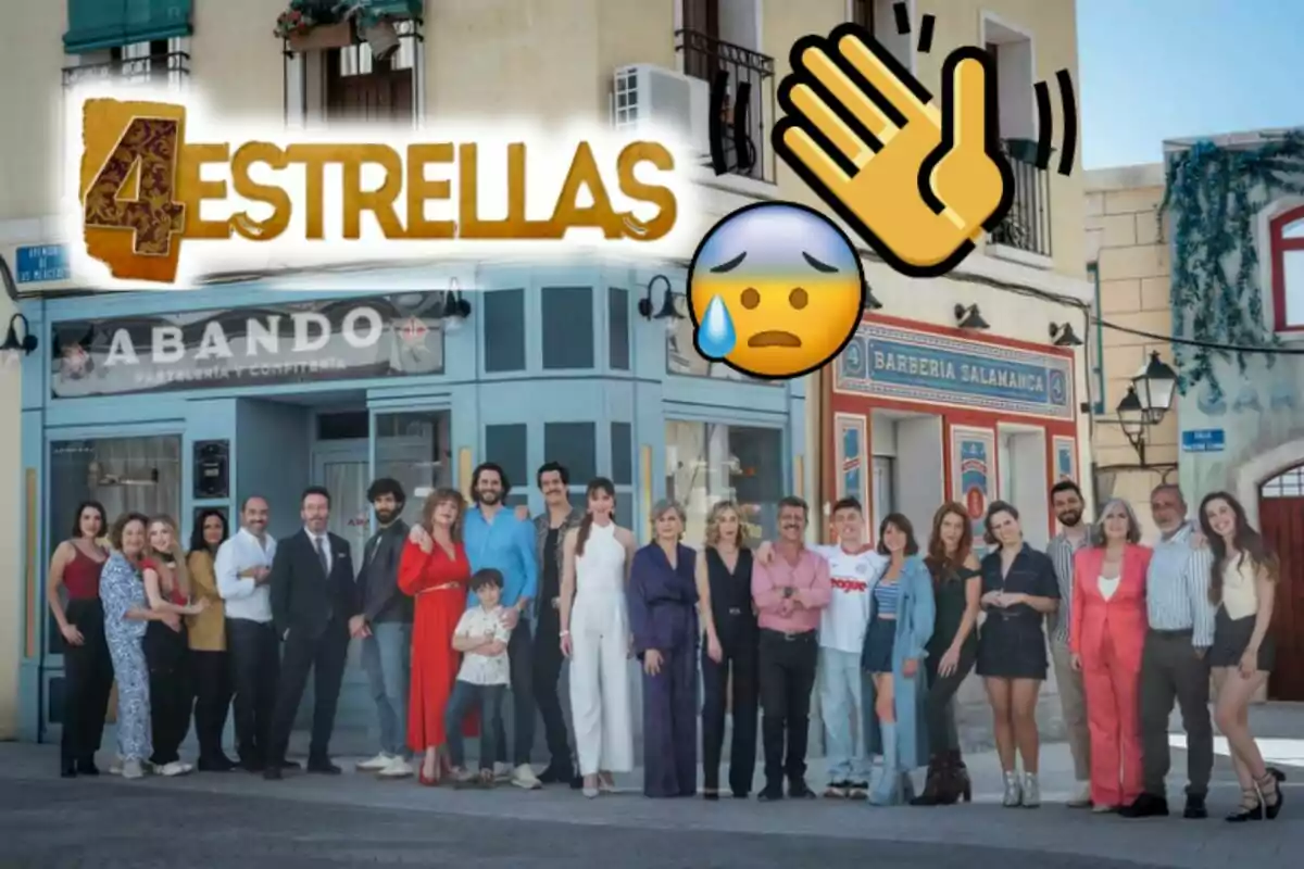 Imagen promocional de la serie "4 Estrellas" con el elenco completo posando frente a una pastelería y una barbería, acompañados de emojis.