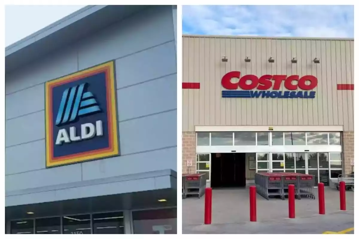 Photo montage of store facades of Aldi and Costco in the United States. Photo montage of store facades of Aldi and Costco in the United States.