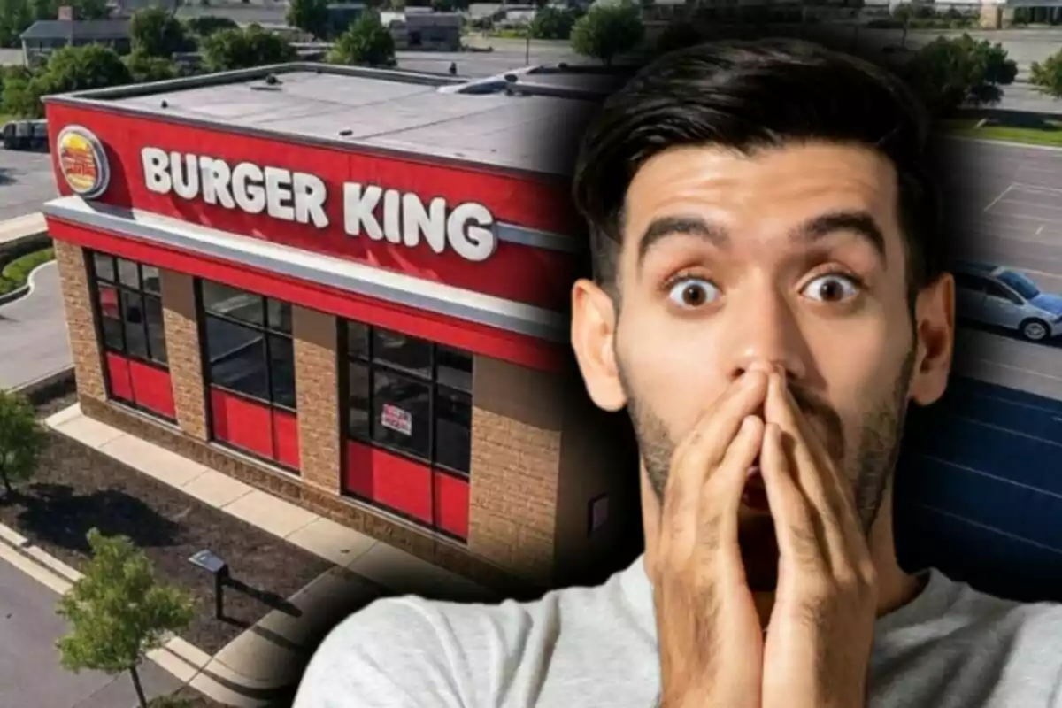 Montaje de fotos de un hombre sorprendido frente a un restaurante de Burger King.